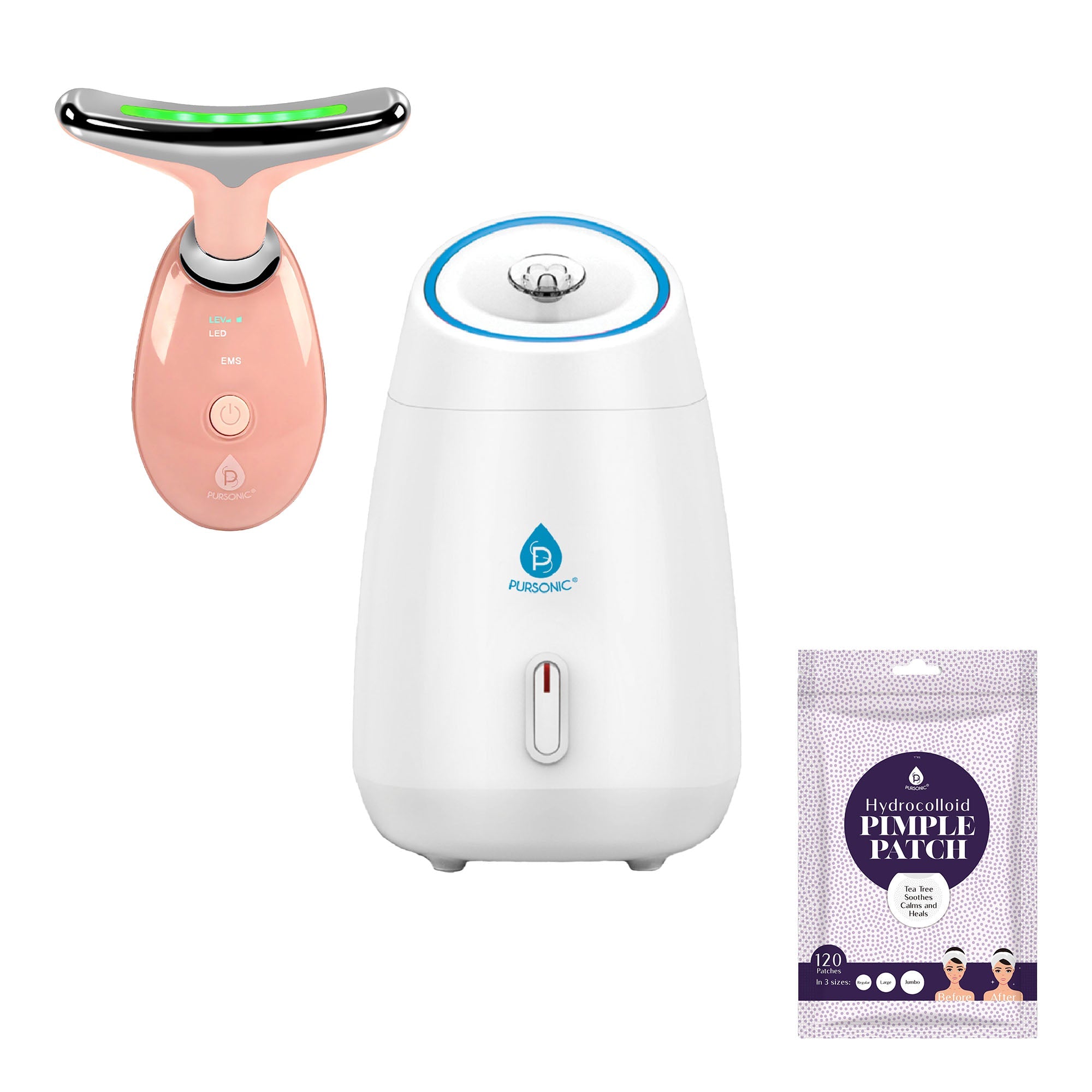 Pursonic Complete At-Home Facial Spa Bundle – Facial Steamer, 7-in-1 LED Light Therapy Device & Hydrocolloid Pimple Patches