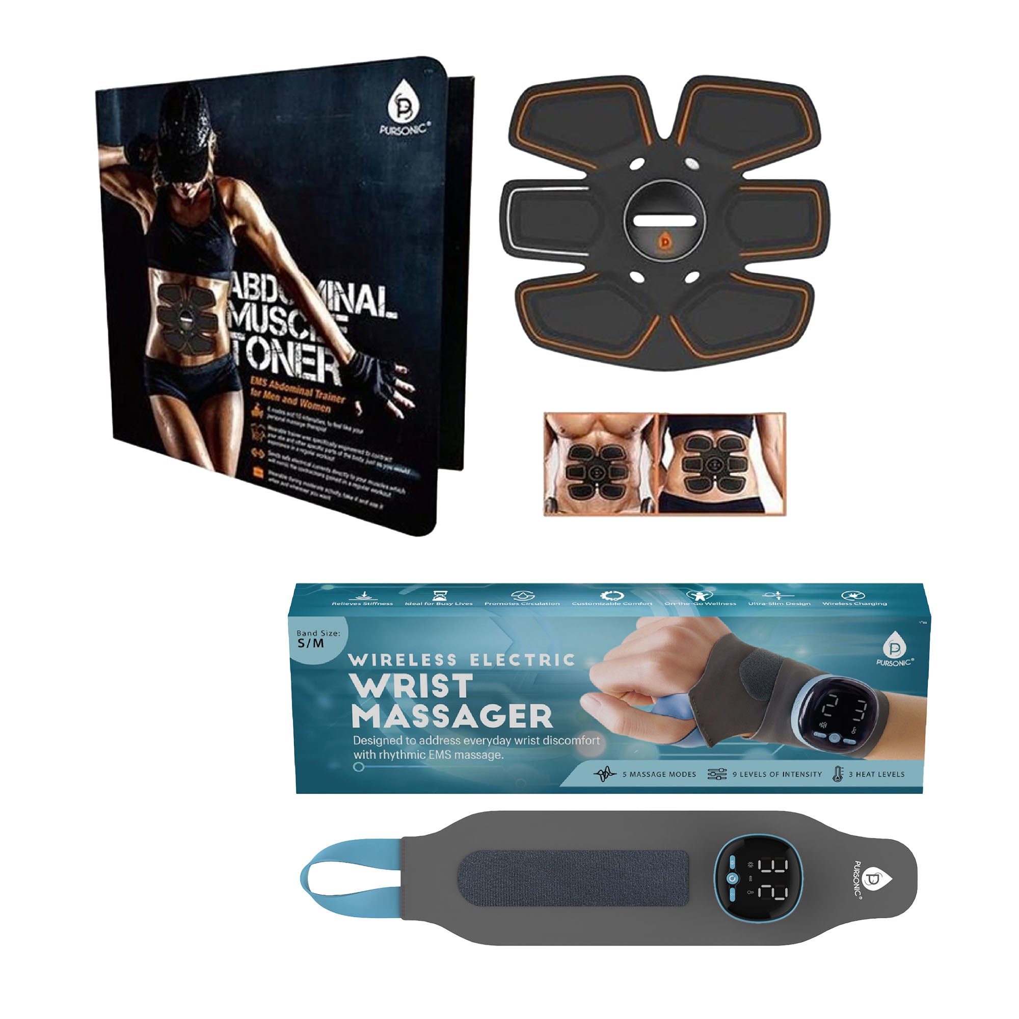 Pursonic Electric Massager Wrist Guard & EMS Abdominal Muscle Toner – Relaxation and Strength Bundle