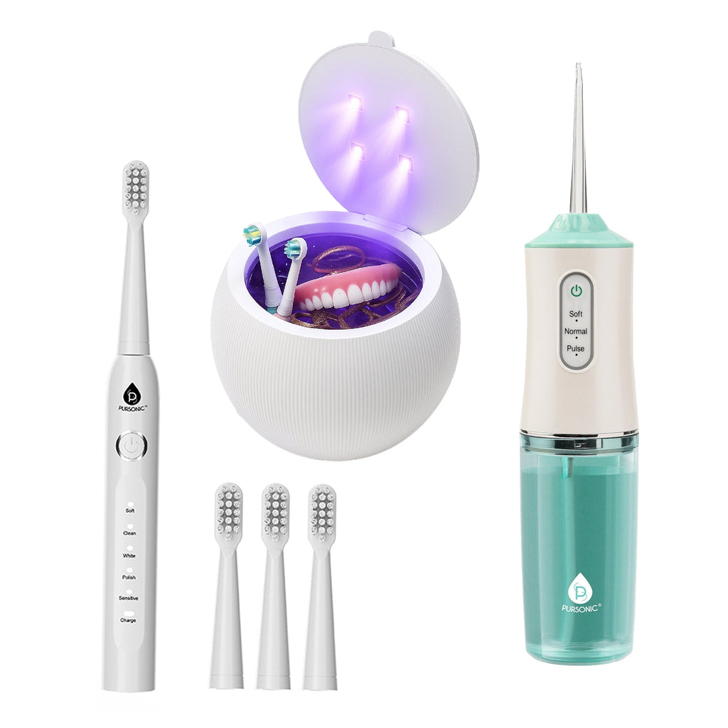 Pursonic Complete Oral Care & Hygiene Bundle: Ultrasonic Cleaner Pod, Rechargeable Oral Irrigator, & USB Sonic Toothbrush